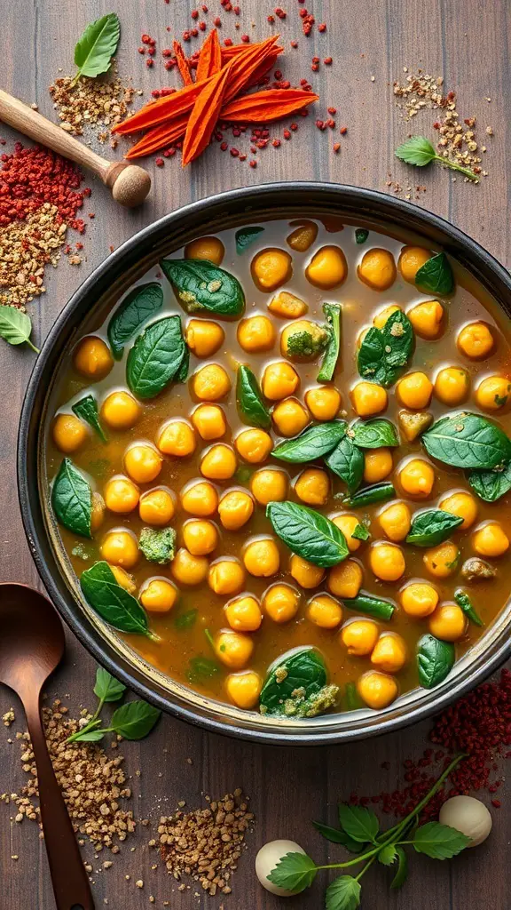 A bowl of chickpea and spinach curry with spices and herbs around it