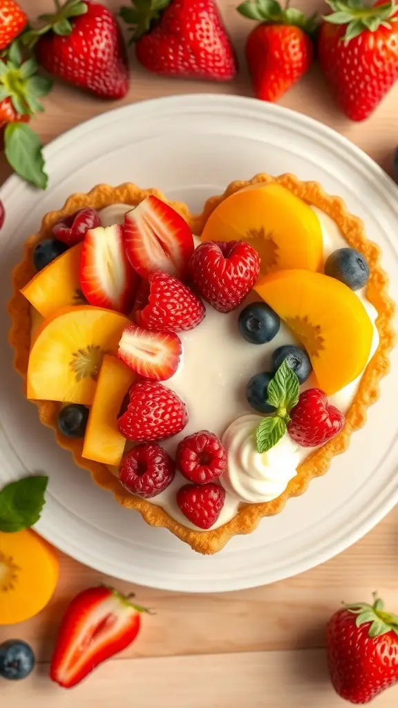 A heart-shaped fruit tart topped with strawberries, raspberries, blueberries, and peaches on a white plate.