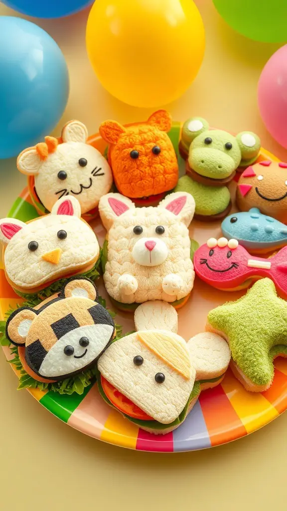 A colorful plate of animal-shaped sandwiches with various designs and decorations.