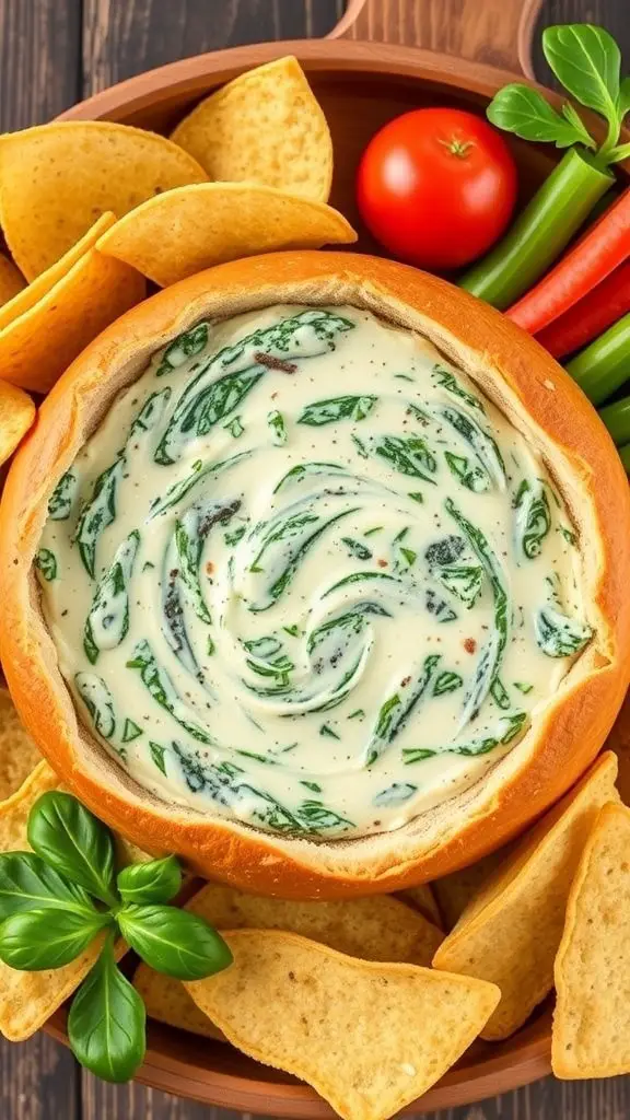 A bowl of spinach and artichoke dip surrounded by tortilla chips and fresh vegetables.