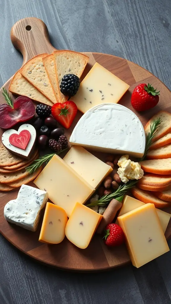 A romantic charcuterie board featuring various cheeses, fruits, and heart-shaped elements.
