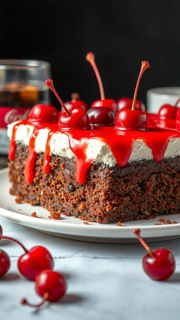 A delicious Cherry Cola Poke Cake topped with whipped cream and cherries