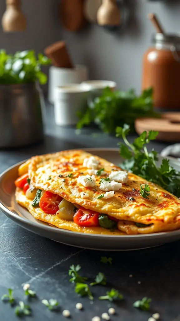 A vegetable omelette with feta cheese on a plate, garnished with fresh herbs.
