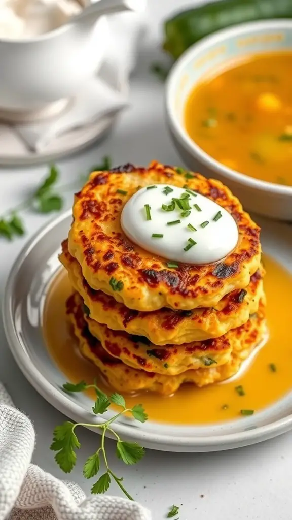 A stack of zucchini fritters topped with sour cream and chives, served with a bowl of soup.