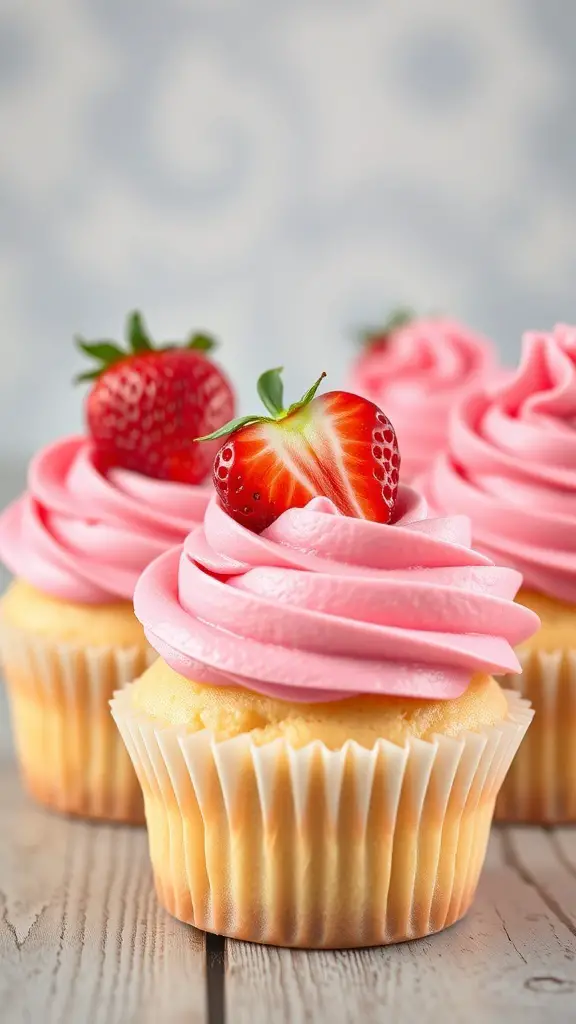 Vanilla bean cupcakes with pink strawberry buttercream and fresh strawberries on top