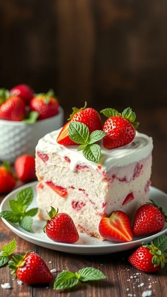A slice of strawberry mint poke cake topped with fresh strawberries and mint leaves, surrounded by whole strawberries.