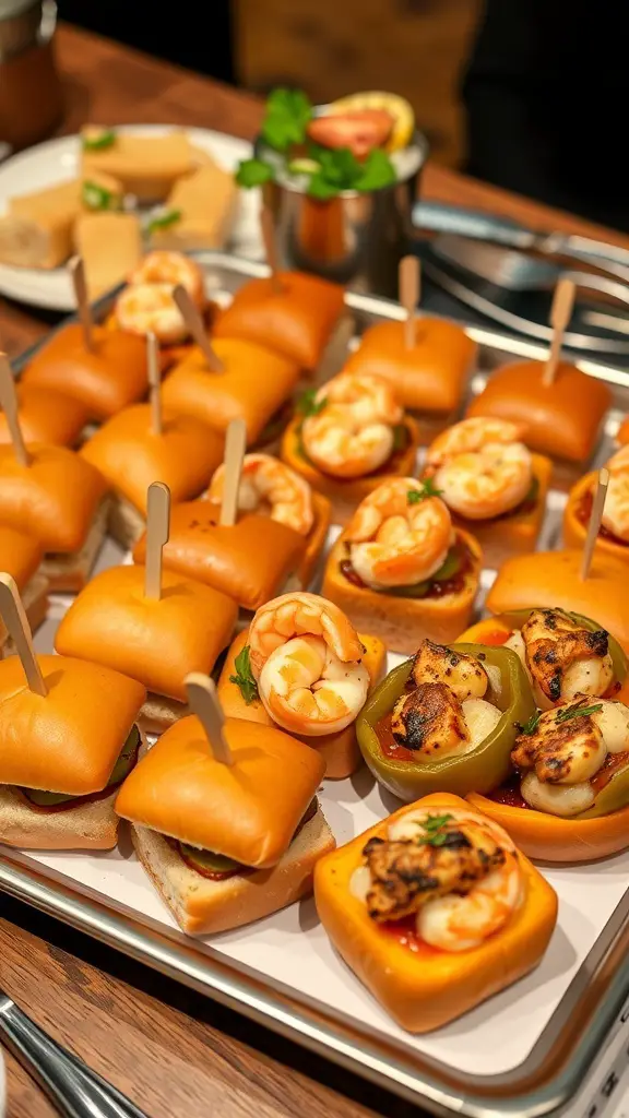 A platter of gourmet finger foods featuring mini sliders with shrimp and scallops, alongside stuffed peppers.
