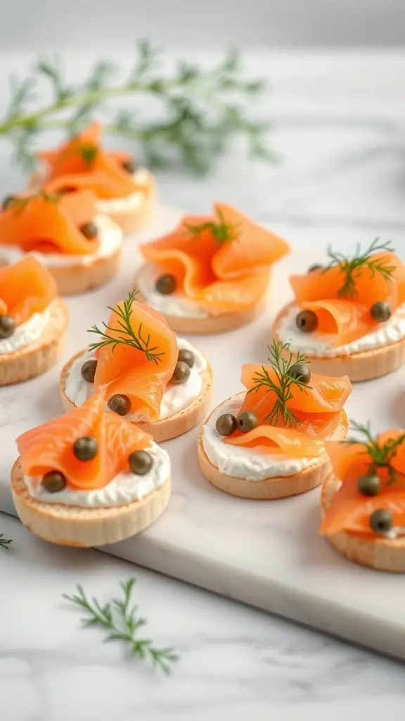 A platter of smoked salmon and cream cheese canapés garnished with dill and capers.
