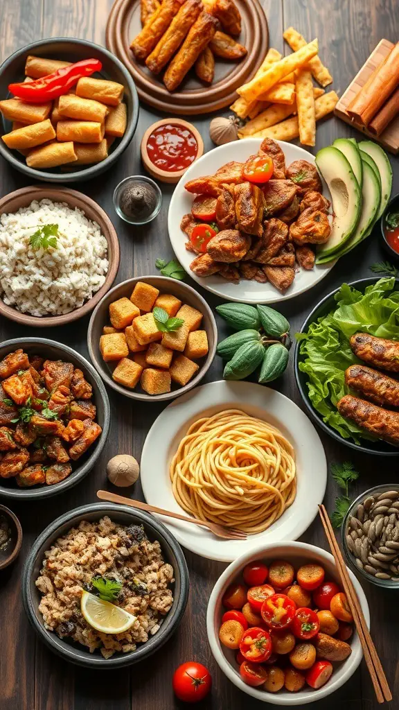 A colorful spread of various cultural dishes including rice, chicken, salads, and snacks.
