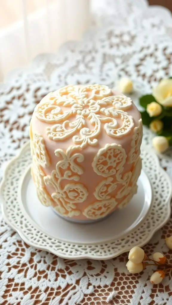 A bento cake with a delicate lace design in soft pink and white.