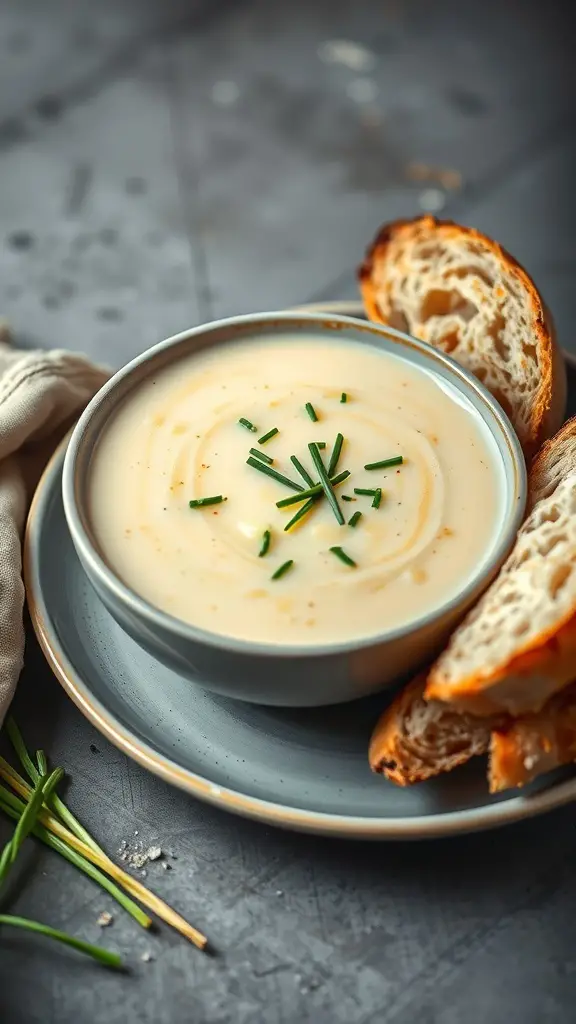 A bowl of creamy potato leek soup garnished with chives, served with slices of bread on the side.