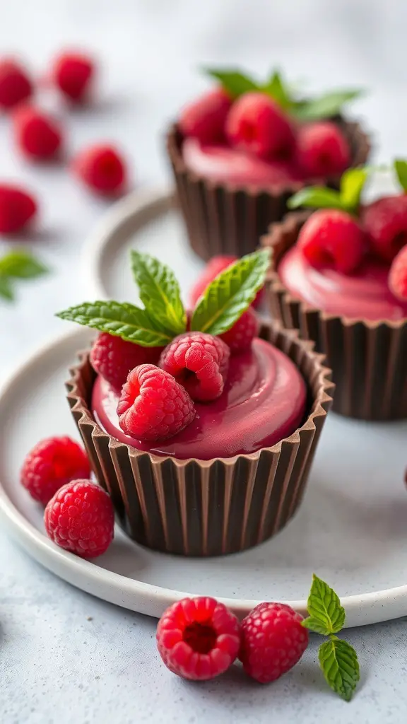 Raspberry mousse in chocolate cups topped with fresh raspberries and mint leaves.