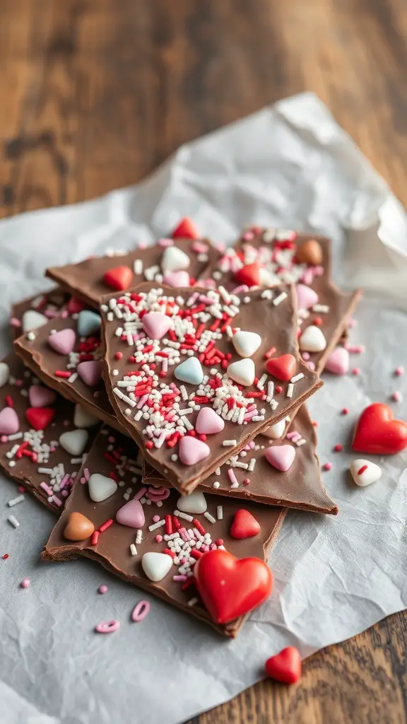 A stack of Valentine's Day candy bark topped with heart-shaped candies and sprinkles.