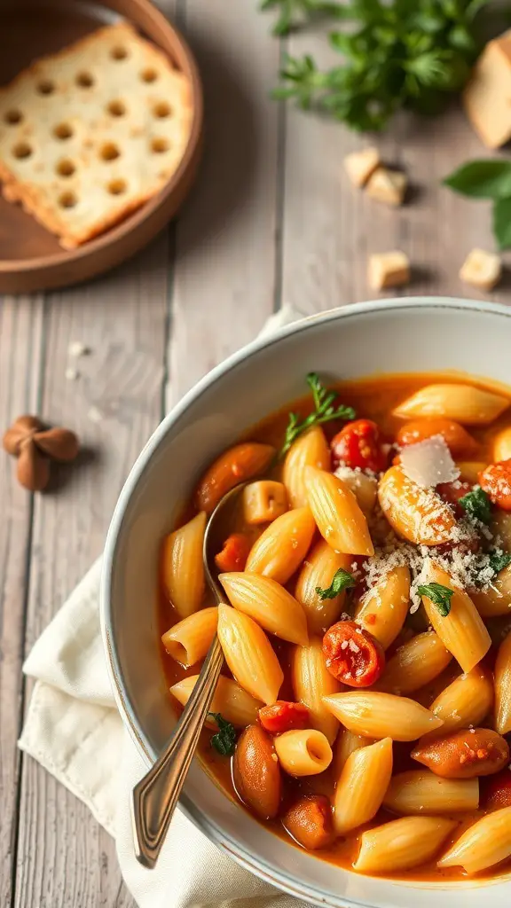 A bowl of Pasta e Fagioli with pasta, beans, and tomatoes, garnished with cheese and herbs, alongside a plate of crispy bread.