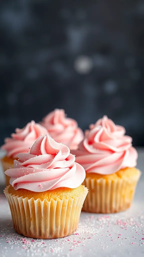 Three pink champagne cupcakes with swirled pink frosting and sprinkles