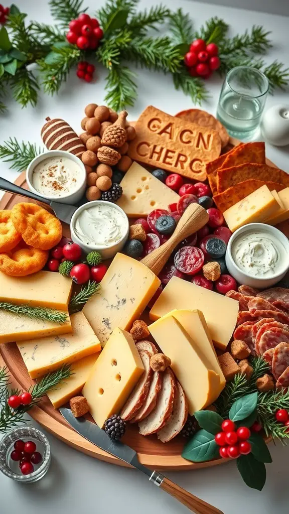 A holiday-themed charcuterie board with cheeses, meats, nuts, fruits, and festive decorations.