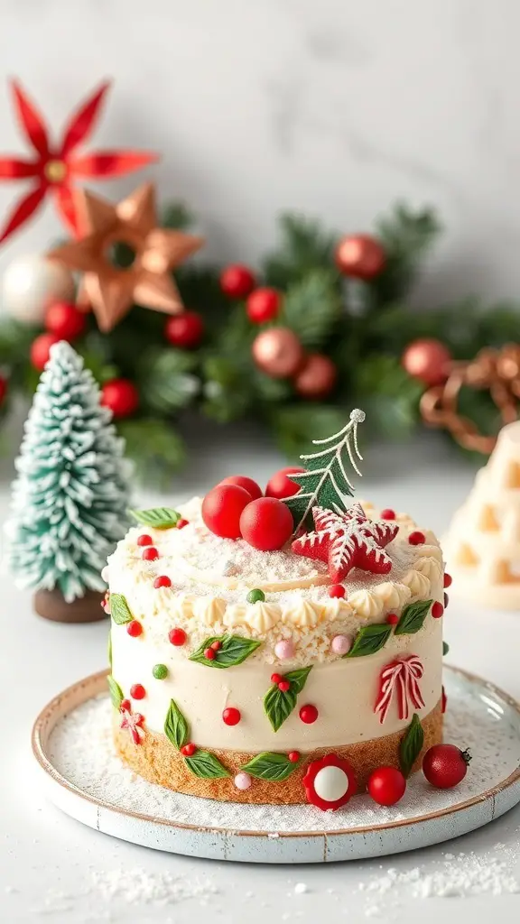 A beautifully decorated bento cake with holiday themes, featuring red ornaments, green leaves, and a snowy finish.