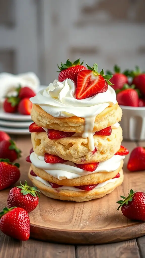 A stack of vanilla bean strawberry shortcake topped with whipped cream and fresh strawberries.