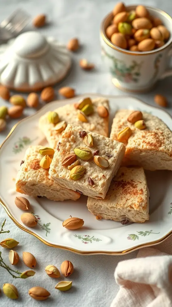 A plate of pistachio and rose water scones garnished with pistachios, with a bowl of pistachios in the background.