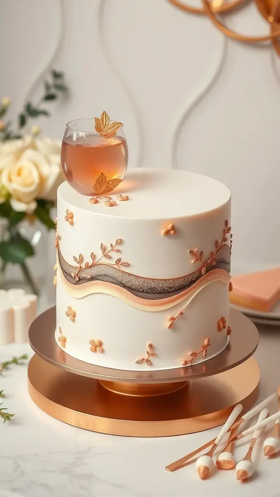 A beautifully decorated rose gold birthday cake with intricate designs and a small glass on top.