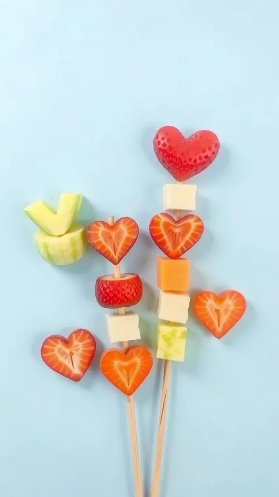 Colorful fruit skewers with heart-shaped strawberries and melon on a blue background.