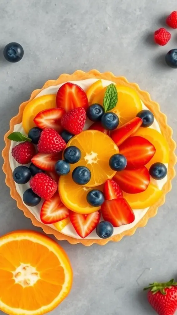 A colorful fruit tart topped with strawberries, blueberries, and oranges.
