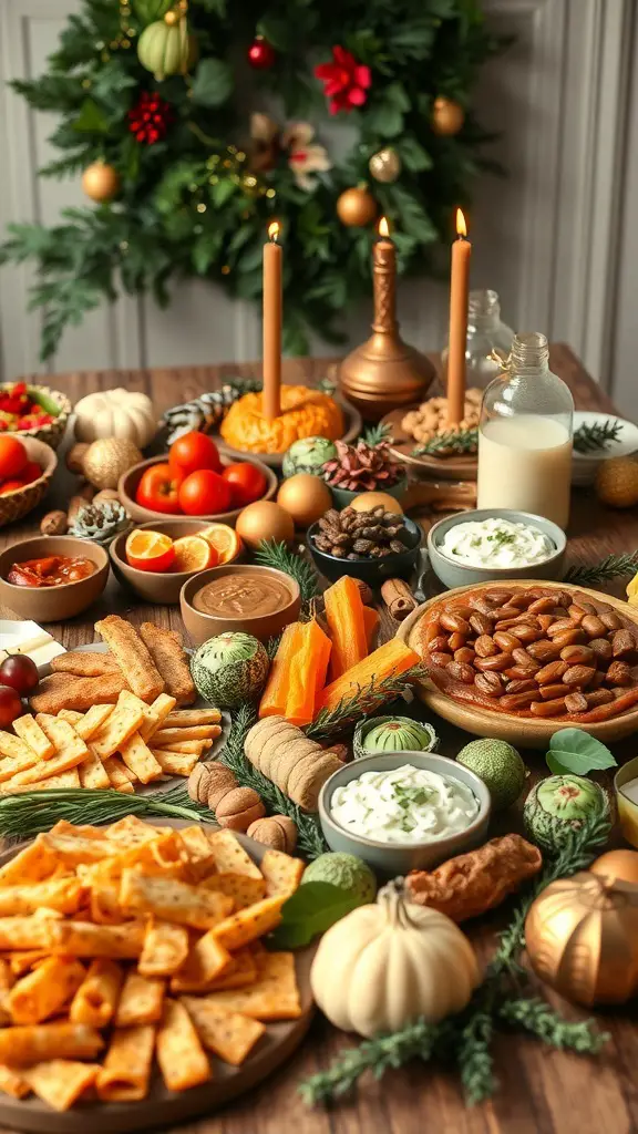 A beautifully arranged holiday grazing table with fruits, snacks, and decorations.
