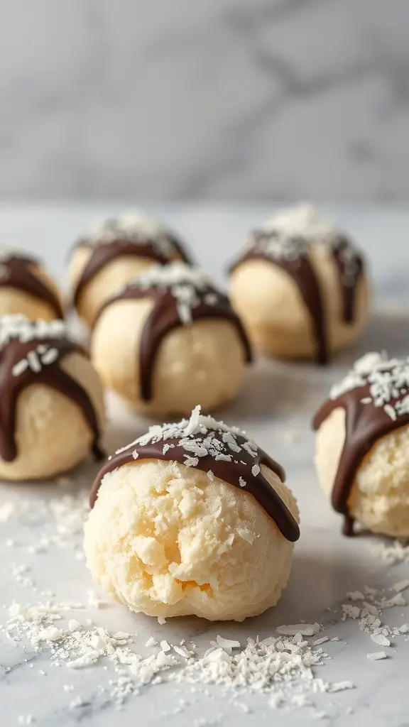 Coconut macaroons topped with dark chocolate and coconut flakes