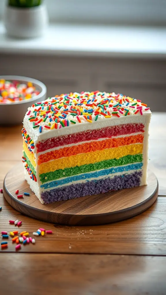 A colorful rainbow layer cake with sprinkles on top, displayed on a wooden board.