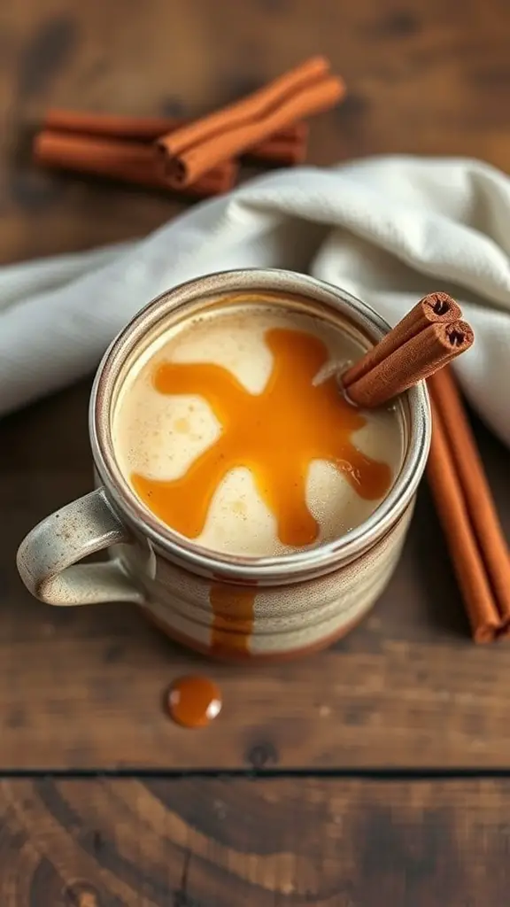 A cozy cup of Maple Cinnamon Latte with cinnamon sticks on a wooden table.