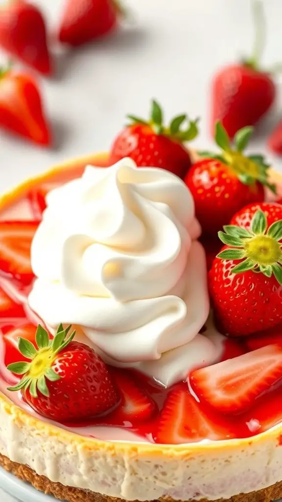 A delicious strawberry cheesecake topped with fresh strawberries and whipped cream.