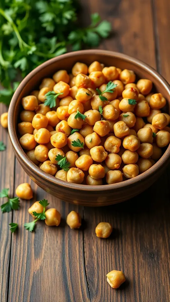 A bowl of garlic Parmesan roasted chickpeas garnished with parsley on a wooden table.
