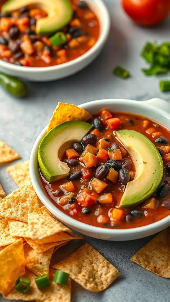 A bowl of vegetarian chili with black beans, topped with avocado slices and served with tortilla chips.