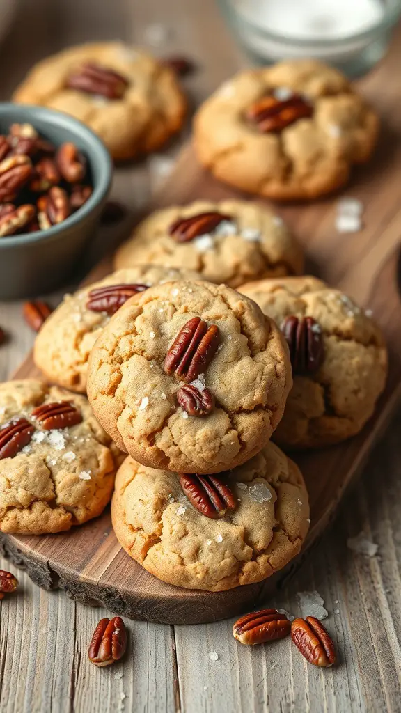 Maple Pecan Cookies with Sea Salt on a wooden board