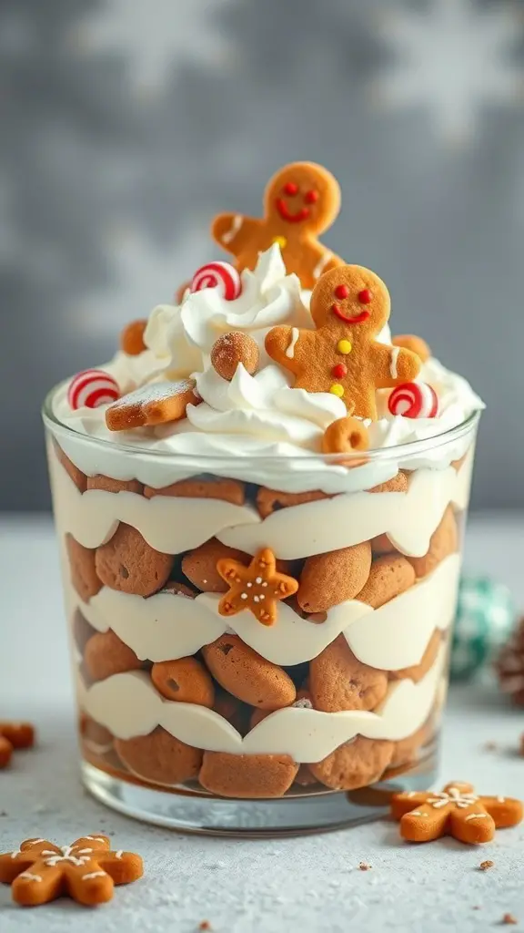 A festive gingerbread cookie trifle topped with whipped cream, gingerbread men, and peppermint candies.