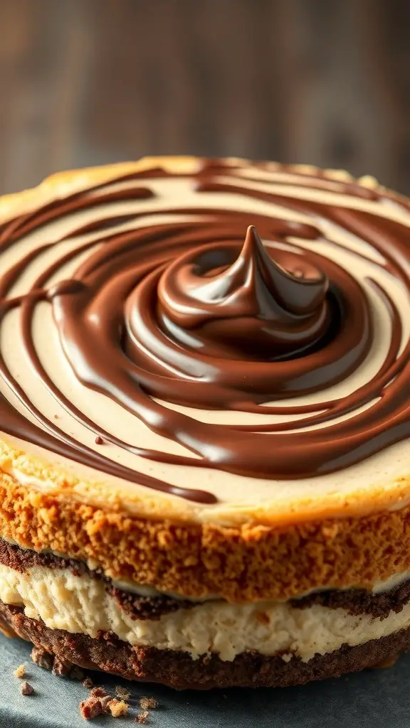 A close-up of a cheesecake topped with a swirl of Nutella, showcasing its creamy texture and rich chocolate flavor.