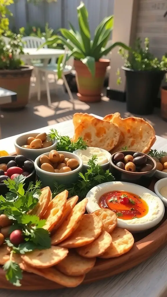 A Mediterranean mezze board featuring olives, crackers, dips, and fresh herbs.