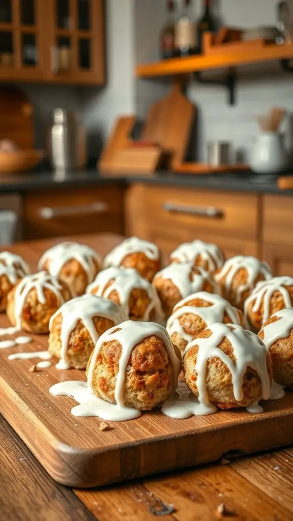 A wooden board filled with cinnamon roll protein balls drizzled with icing, set in a cozy kitchen.