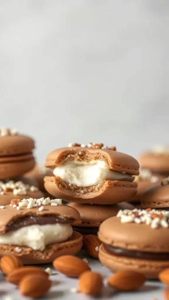 An assortment of Almond Joy Macarons with chocolate and coconut filling, topped with almond pieces.