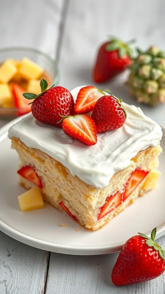 A slice of strawberry pineapple poke cake topped with fresh strawberries and pineapple chunks