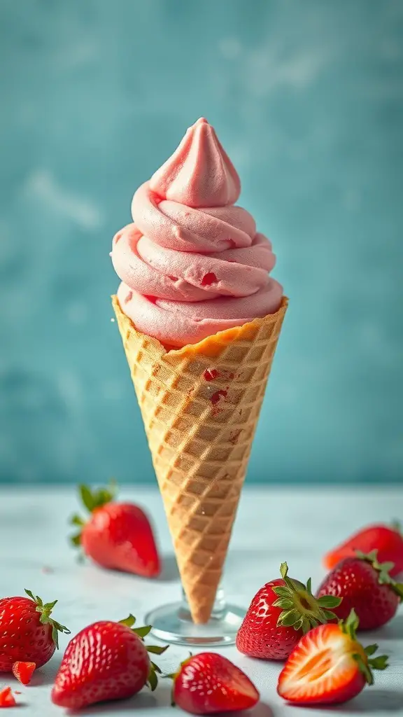 A cone of strawberry gelato topped with pink swirled gelato and surrounded by fresh strawberries.