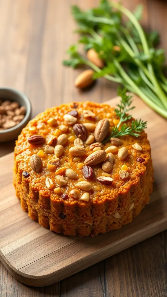 A bento-style carrot cake topped with nuts and raisins on a wooden board.