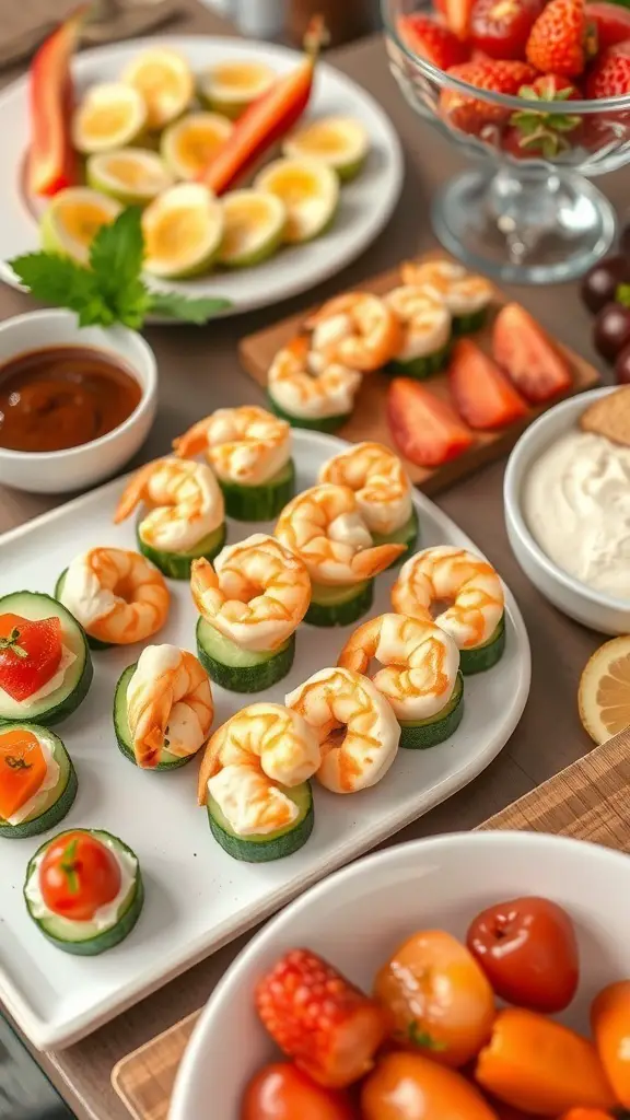 A variety of light and refreshing appetizers including shrimp cucumber bites, stuffed mini peppers, and a fresh fruit bowl.