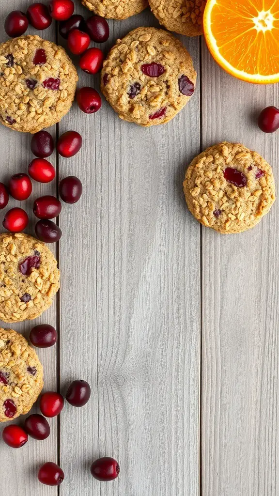 Cranberry orange oatmeal cookies with fresh cranberries and orange slices on a wooden surface.
