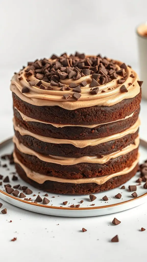 Mocha Espresso Layer Cake with chocolate chips on top