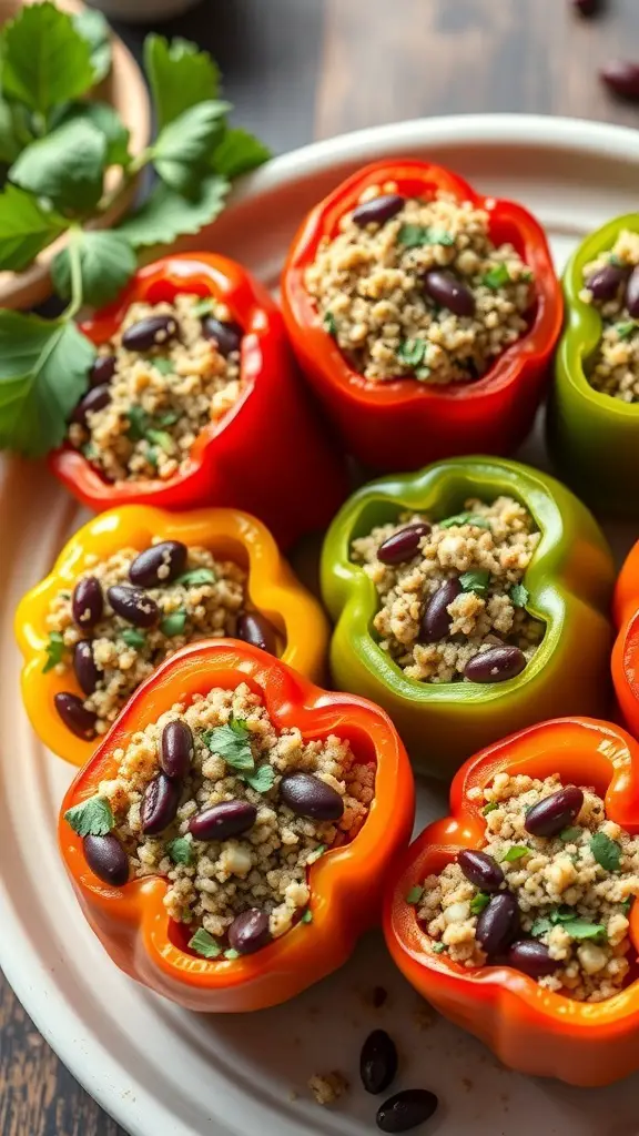 Colorful stuffed bell peppers filled with quinoa and black beans on a plate