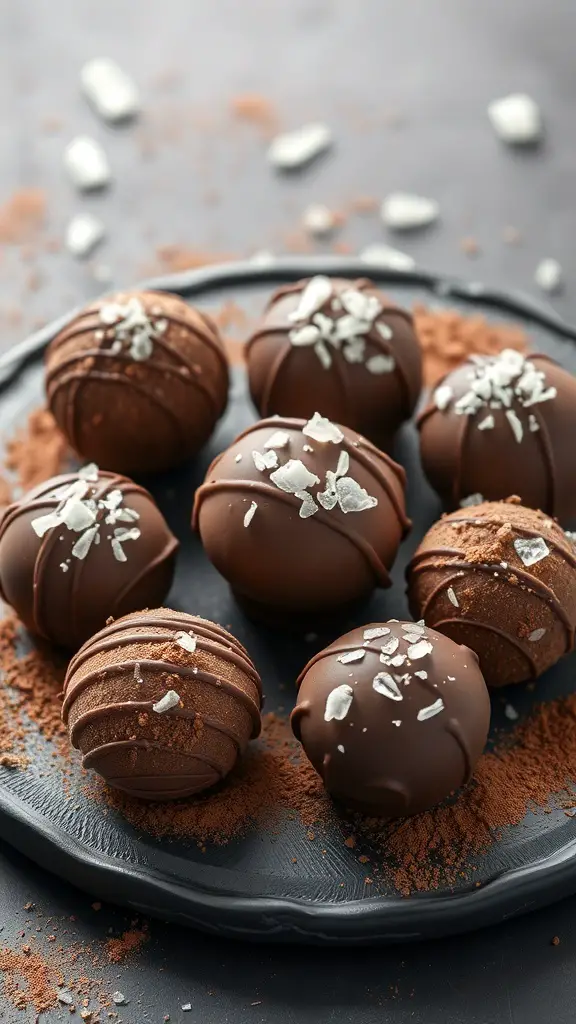 A plate of chocolate truffles topped with sea salt, showcasing their rich texture and appealing presentation.