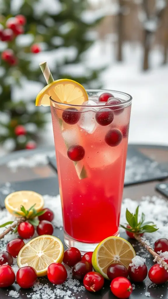 A refreshing Cranberry Citrus Spritzer in a glass, garnished with lemon and cranberries, surrounded by fresh cranberries and lemon slices on a snowy table.