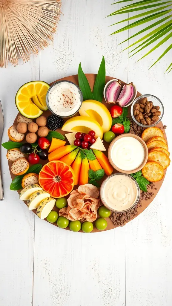 A vibrant tropical charcuterie board featuring fruits, cheeses, nuts, and dips.