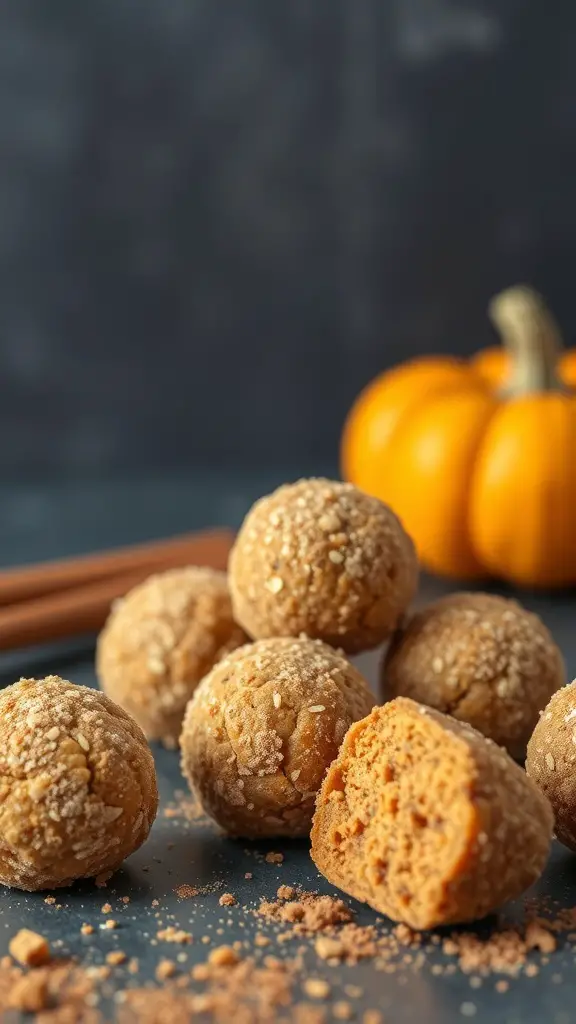 A close-up of pumpkin spice protein balls, some whole and one cut in half, with a pumpkin and cinnamon sticks in the background.